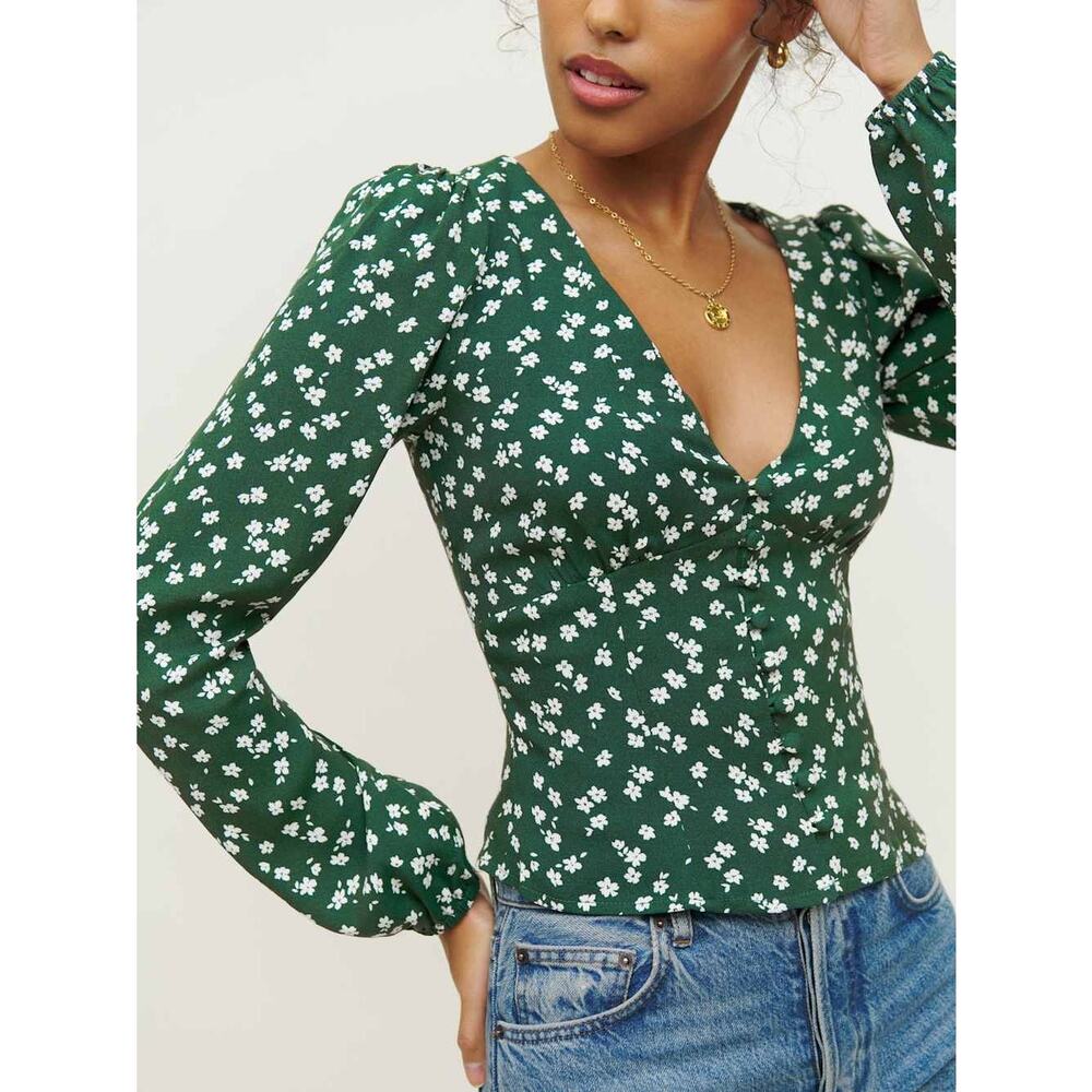 Reformation Ditsy Print Green Puff Sleeve V Neck Dainty Nell Top Size Small